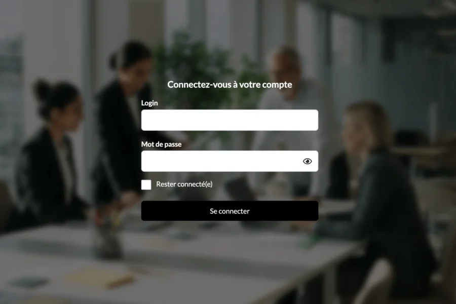 Interface de connexion affichant une demande de mot de passe, en surimpression d'une réunion de travail floutée.