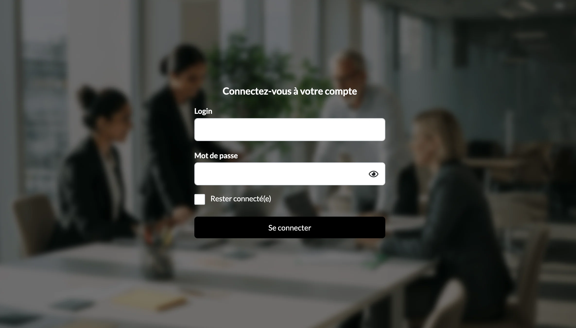 Interface de connexion affichant une demande de mot de passe, en surimpression d'une réunion de travail floutée.