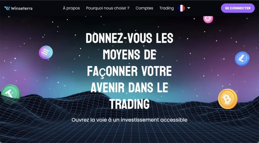 Capture d'écran du site WiseNeterra avec un fond spatial, des icônes de cryptomonnaies et le slogan invitant à façonner son avenir dans le trading.