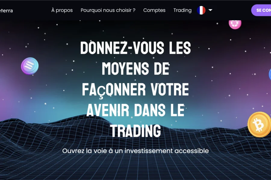 Capture d'écran du site WiseNeterra avec un fond spatial, des icônes de cryptomonnaies et le slogan invitant à façonner son avenir dans le trading.