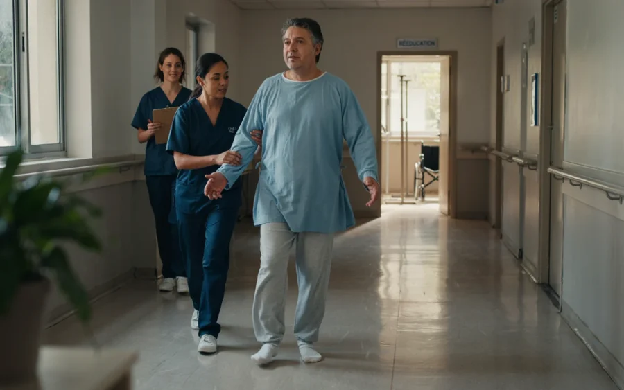 Une personne en tenue d'hôpital avance dans un long couloir avec l'aide de professionnels soignants.