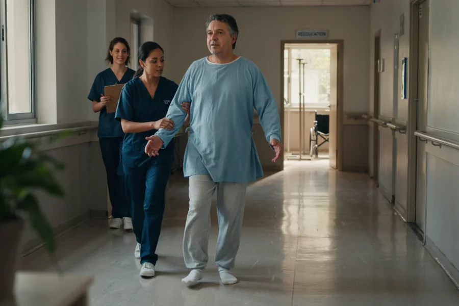 Une personne en tenue d'hôpital avance dans un long couloir avec l'aide de professionnels soignants.