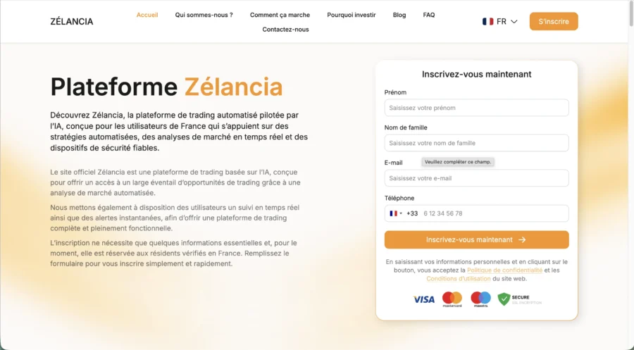 Capture d'écran affichant la page de la plateforme Zélançia avec un formulaire d'inscription et des logos de cartes bancaires