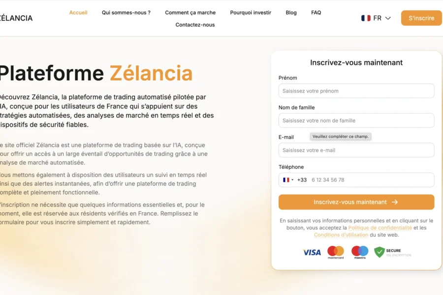 Capture d'écran affichant la page de la plateforme Zélançia avec un formulaire d'inscription et des logos de cartes bancaires