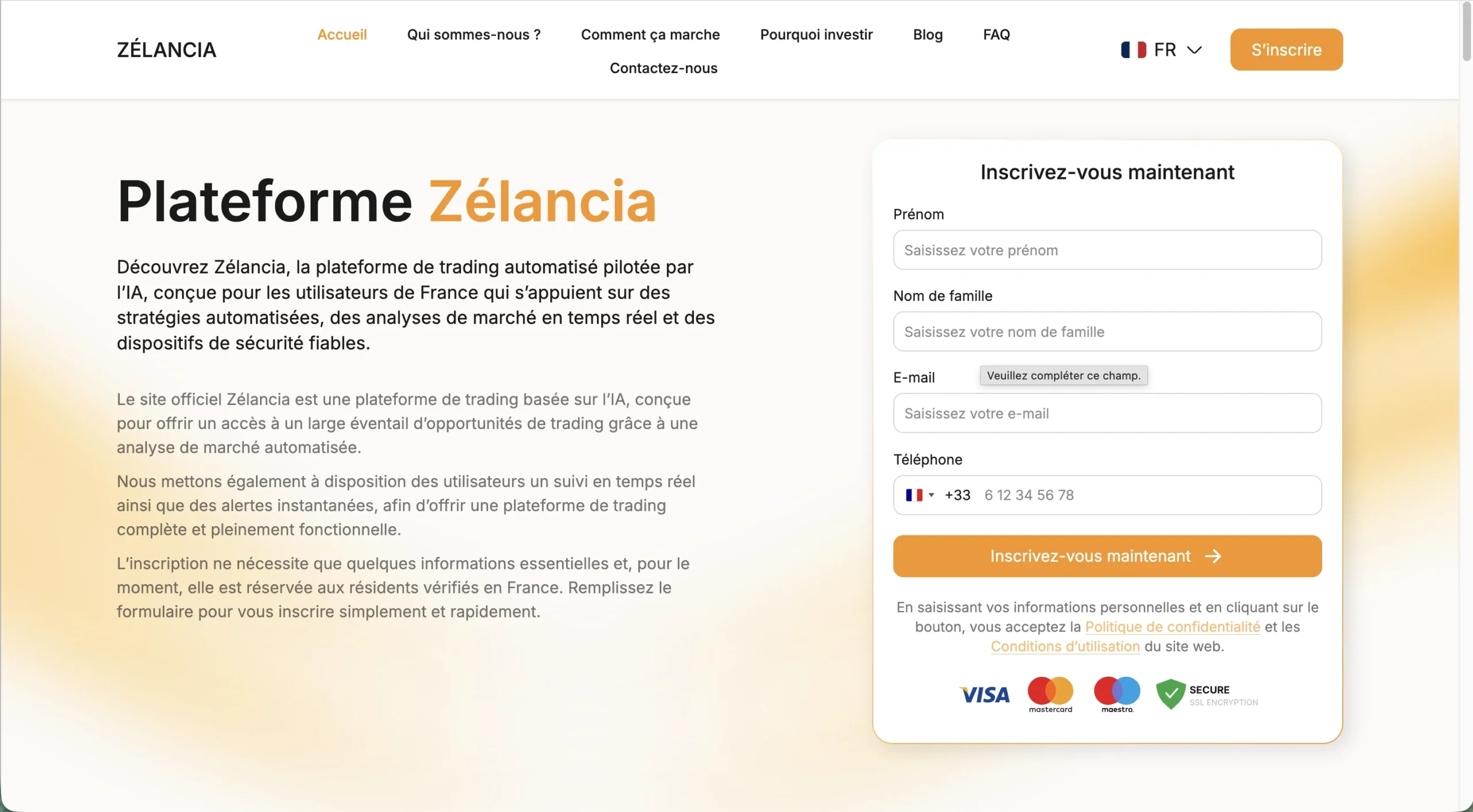 Capture d'écran affichant la page de la plateforme Zélançia avec un formulaire d'inscription et des logos de cartes bancaires