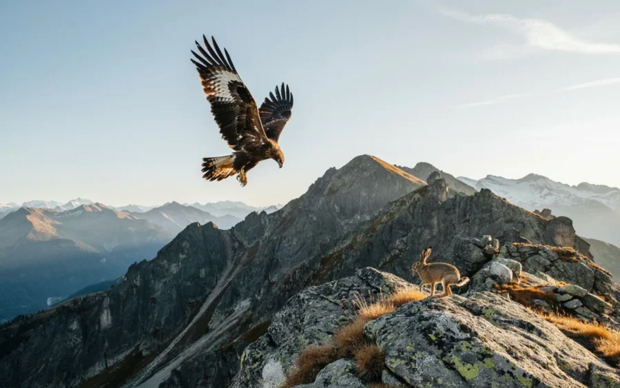 Un aigle royal vole au-dessus d'un chaïne de montagnes rocheuses sous un ciel clair.