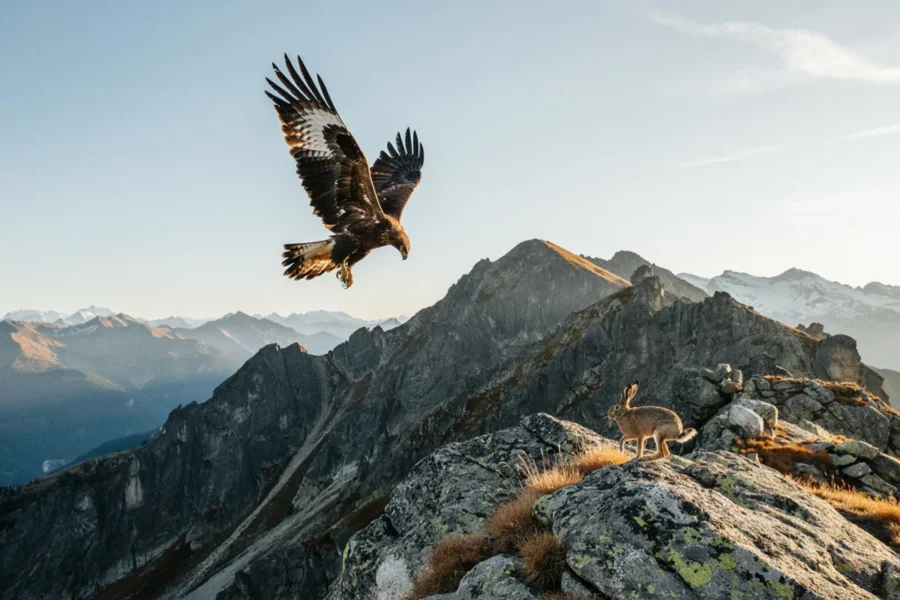 Un aigle royal vole au-dessus d'un chaïne de montagnes rocheuses sous un ciel clair.