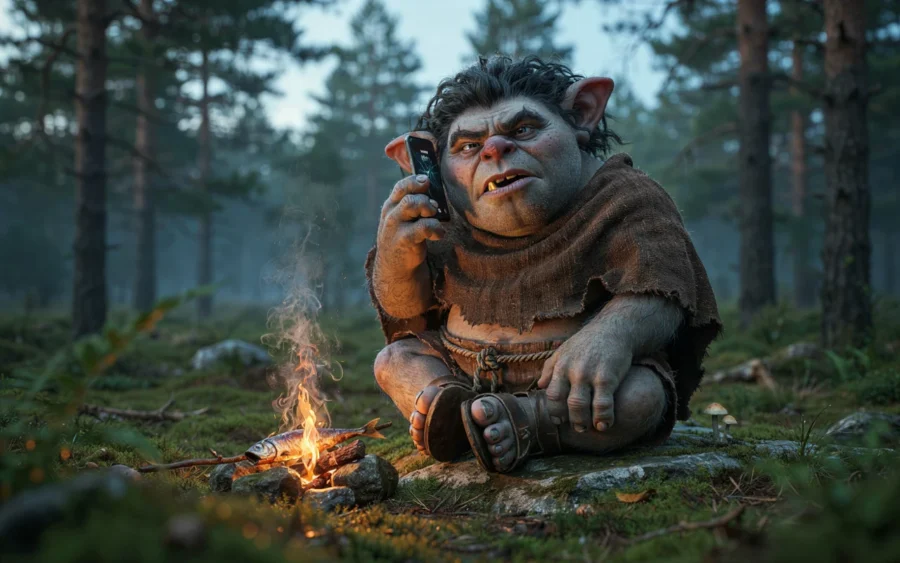 Un troll assis près d’un feu de camp dans une forêt, tenant un téléphone portatif à l’oreille.