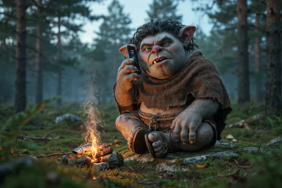 Un troll assis près d’un feu de camp dans une forêt, tenant un téléphone portatif à l’oreille.