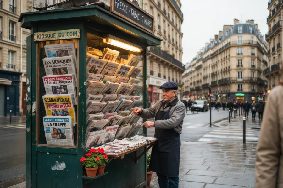 Un homme se tient près d'un kiosque à journaux vert devant des bâtiments parisiens.