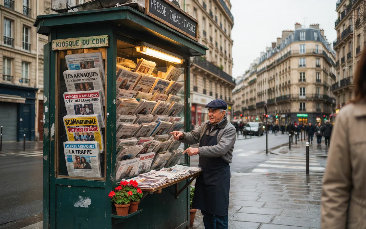 Un homme se tient près d'un kiosque à journaux vert devant des bâtiments parisiens.