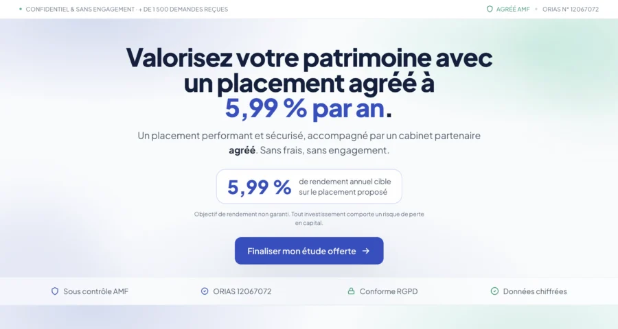 Bannière web publicitaire mettant en avant un rendement de 5,99 % annuel avec un bouton d'action bleu.