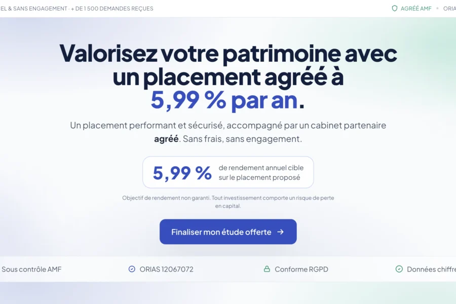 Bannière web publicitaire mettant en avant un rendement de 5,99 % annuel avec un bouton d'action bleu.