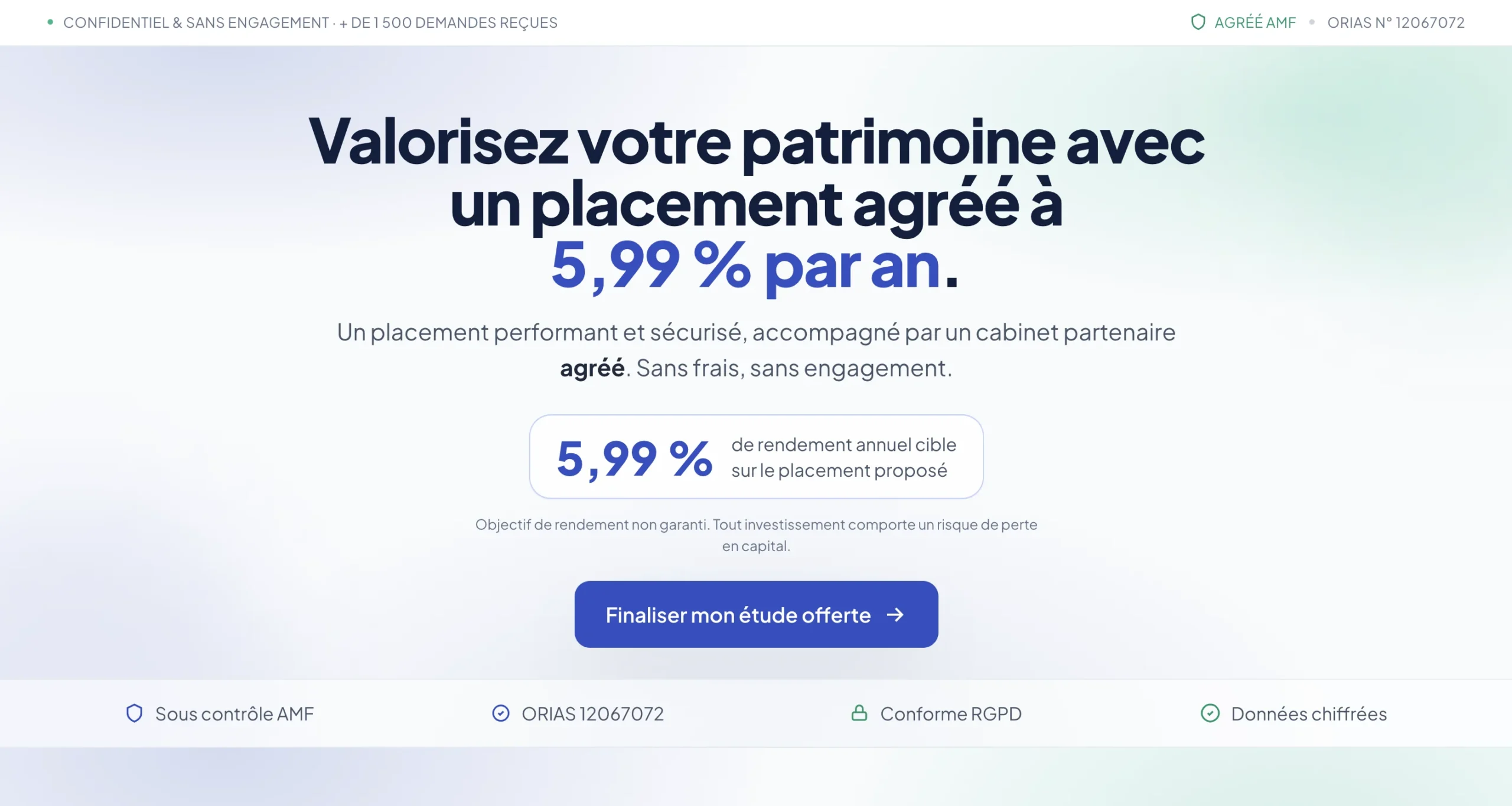 Bannière web publicitaire mettant en avant un rendement de 5,99 % annuel avec un bouton d'action bleu.