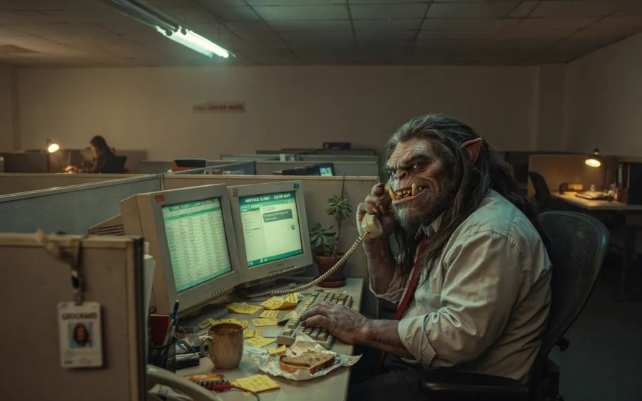 Une créature ressemblant à un loup-homme discute au téléphone dans un bureau garni d'ordinateurs et de documents.