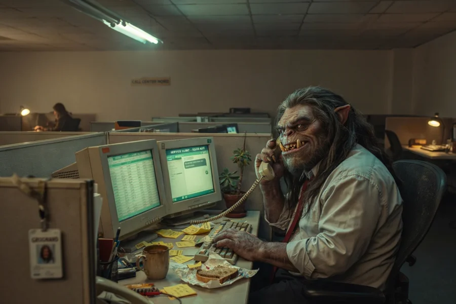 Une créature ressemblant à un loup-homme discute au téléphone dans un bureau garni d'ordinateurs et de documents.