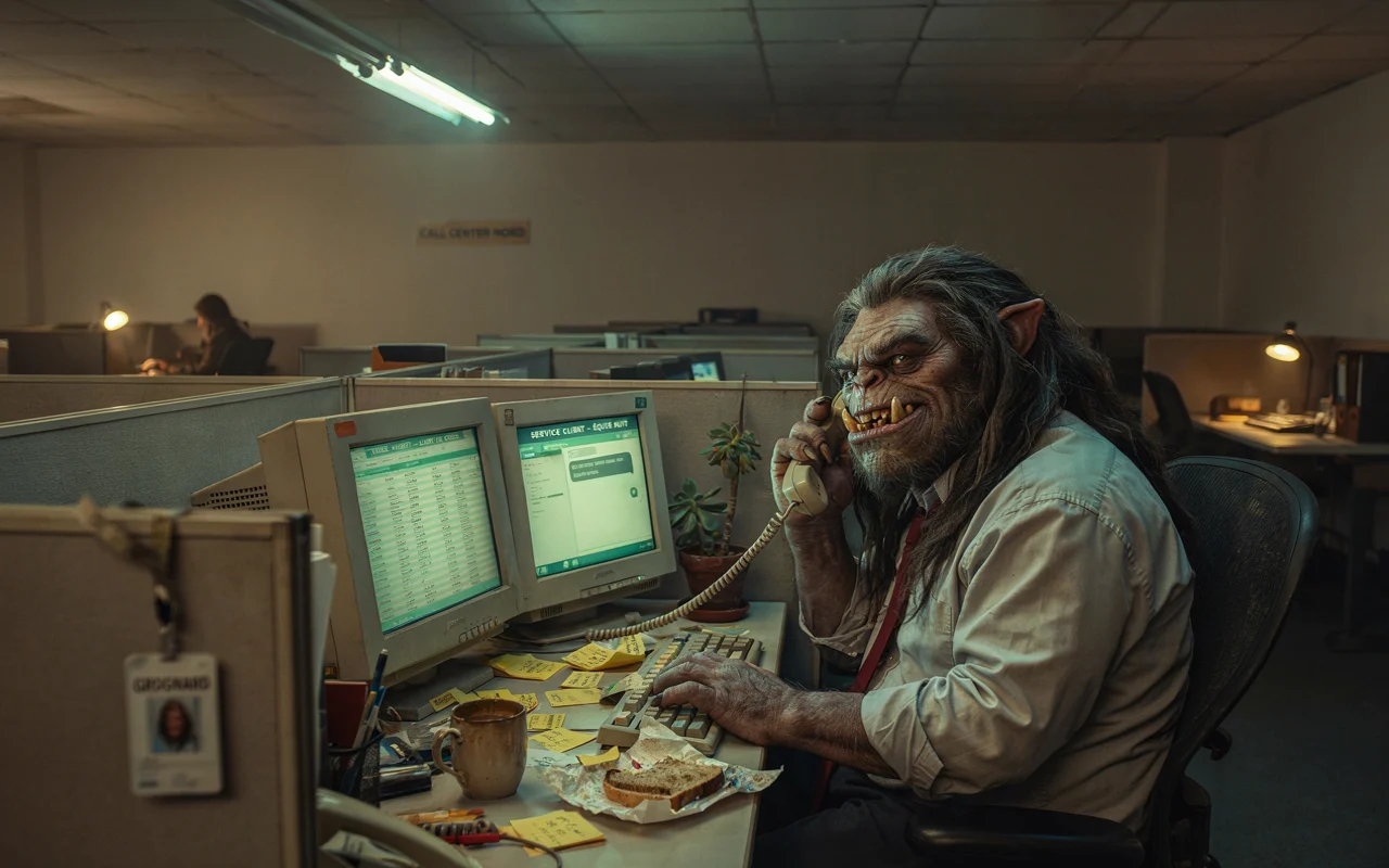 Une créature ressemblant à un loup-homme discute au téléphone dans un bureau garni d'ordinateurs et de documents.