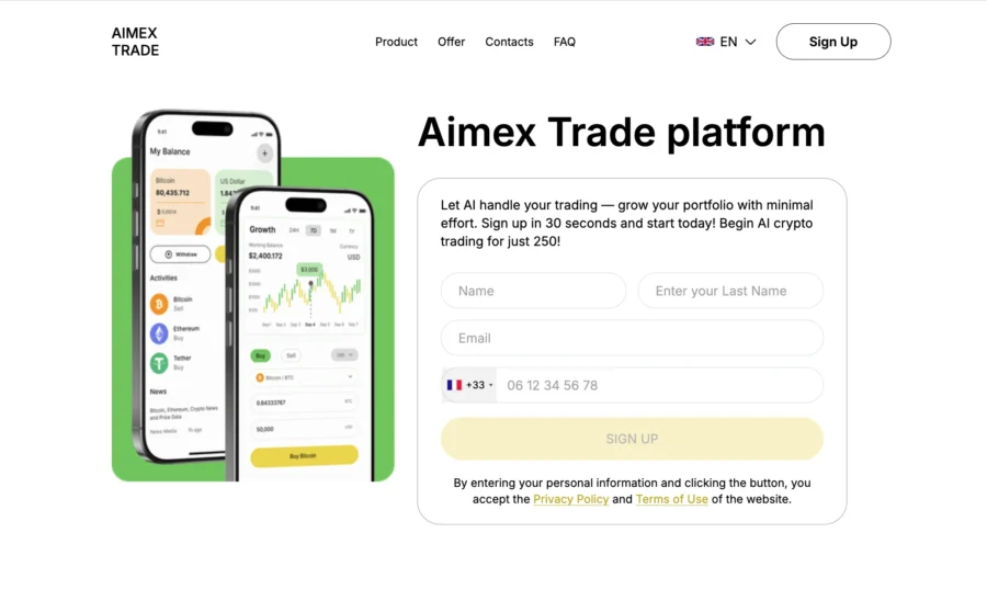 Smartphones displaying the Aimex Trade app graph and a registration form on a webpage.