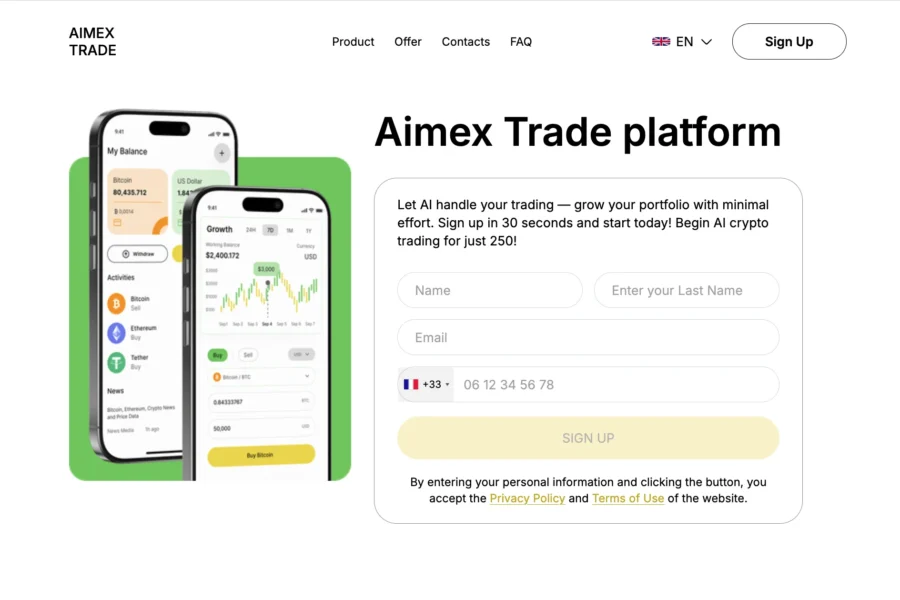 Smartphones displaying the Aimex Trade app graph and a registration form on a webpage.