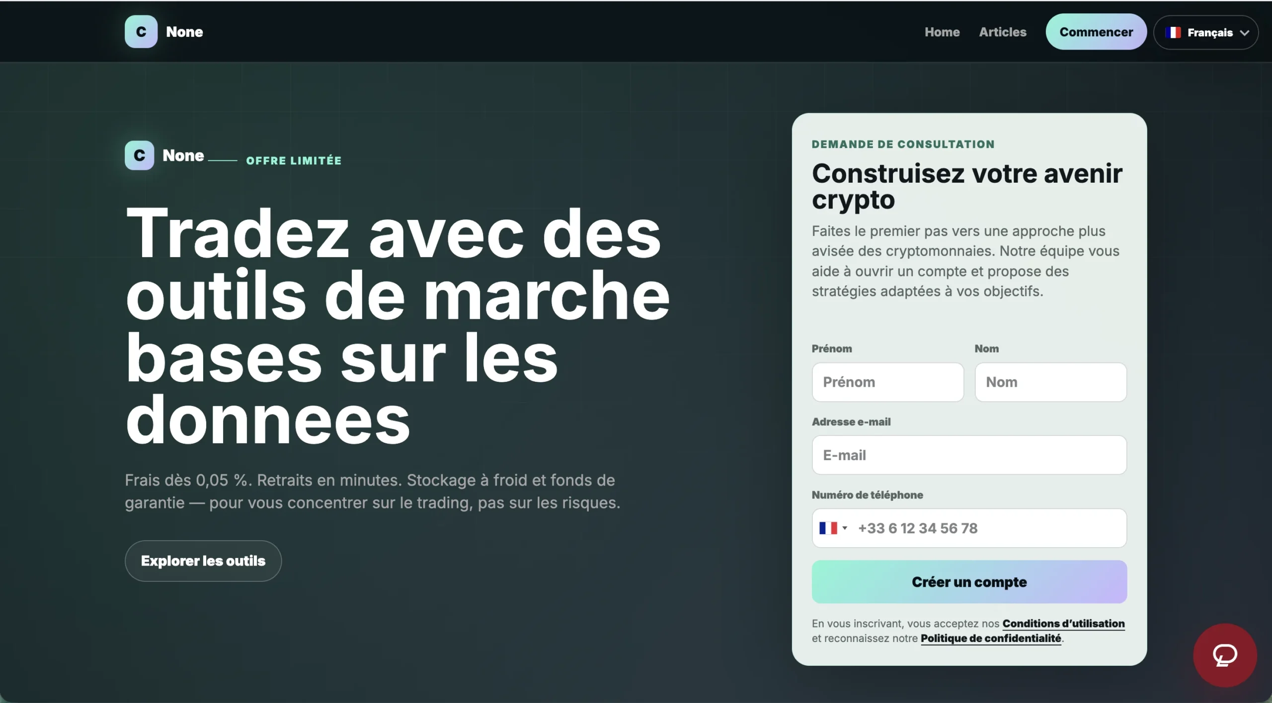 Capture d'écran du site Nomu proposant l'inscription pour investir en crypto et proposant des bonus.