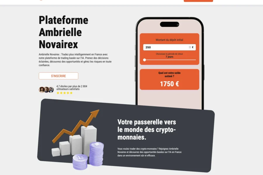 Capture d'écran de la plateforme d'arnaque Ambrielle Novairex promettant des gains cryptomonnaies.