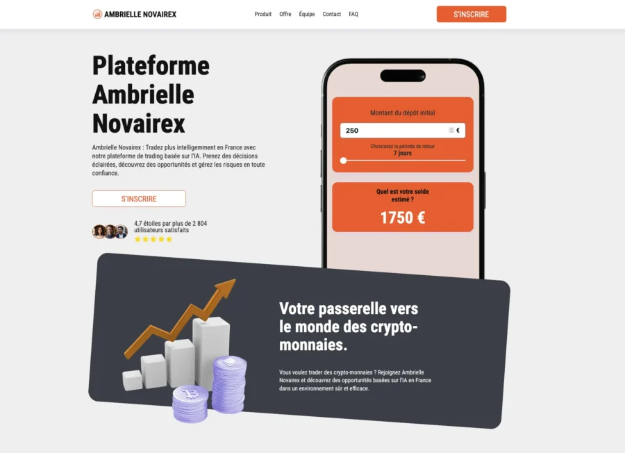 Capture d'écran de la plateforme d'arnaque Ambrielle Novairex promettant des gains cryptomonnaies.