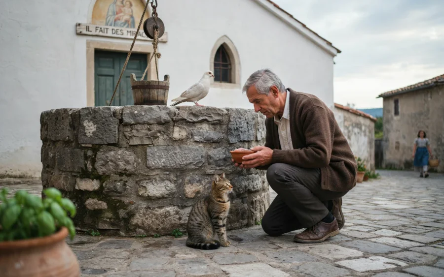 Un homme agenouillé nourrit un chat près d'un puits en pierre, avec un oiseau en arrière-plan.