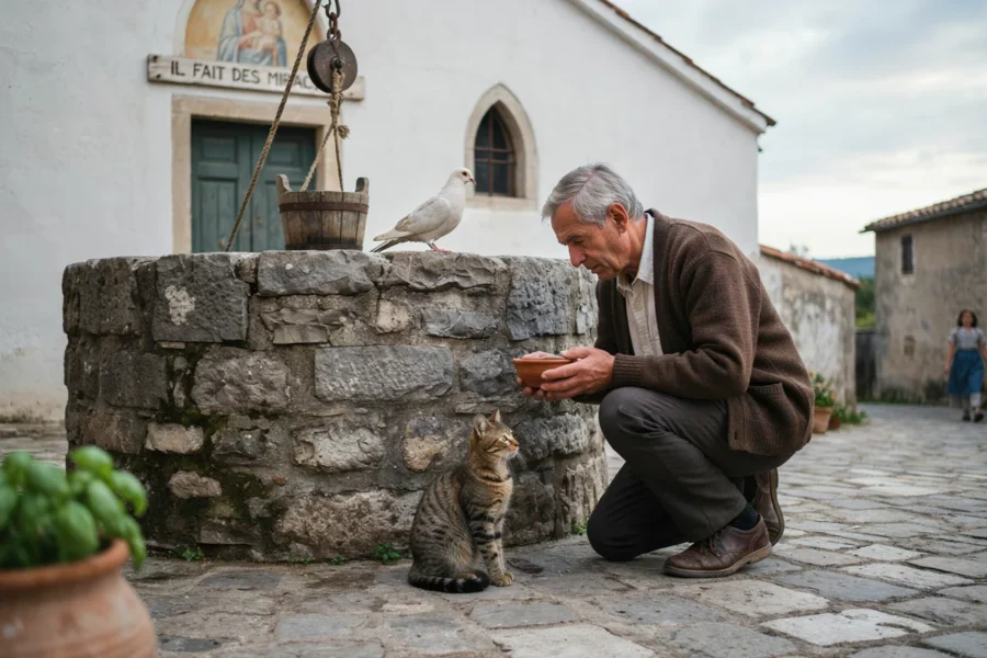 Un homme agenouillé nourrit un chat près d'un puits en pierre, avec un oiseau en arrière-plan.