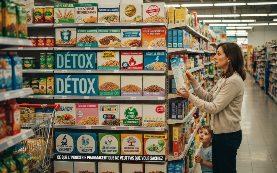 Une femme examine attentivement un produit dans les rayons d’un hypermarché, tandis qu’un jeune enfant se tient à ses côtés.