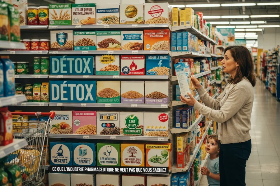 Une femme examine attentivement un produit dans les rayons d’un hypermarché, tandis qu’un jeune enfant se tient à ses côtés.
