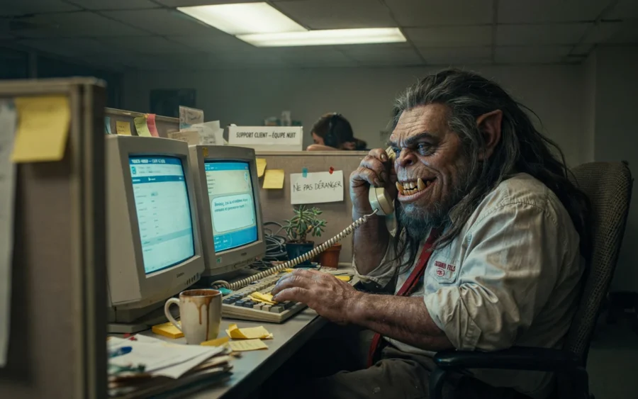 Une personne assise devant des ordinateurs dans un bureau, écrivant ou utilisant un clavier. L'ambiance semble concentrée, avec des éléments de travail sur le bureau.