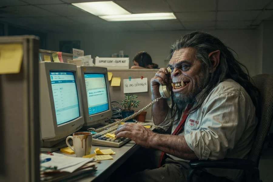 Une personne assise devant des ordinateurs dans un bureau, écrivant ou utilisant un clavier. L'ambiance semble concentrée, avec des éléments de travail sur le bureau.
