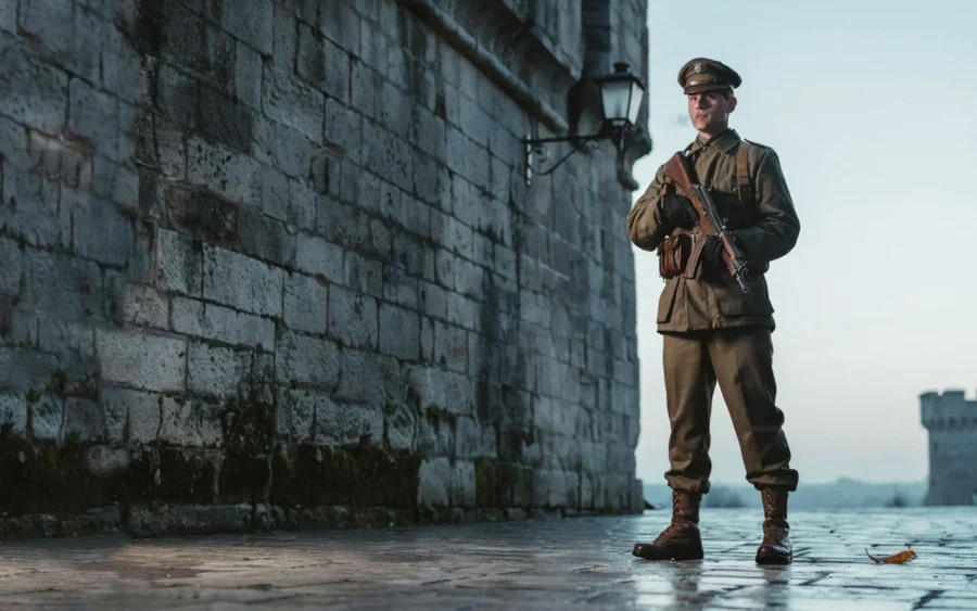 Un homme en uniforme militaire debout près d’un mur en pierre, tenant une arme, dans un cadre extérieur éclairé par une lumière douce.