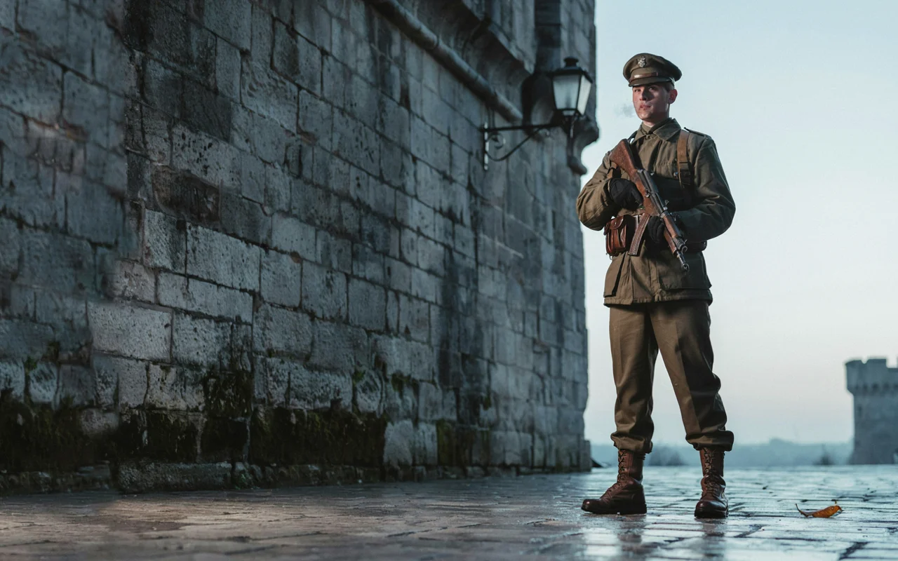 Un homme en uniforme militaire debout près d’un mur en pierre, tenant une arme, dans un cadre extérieur éclairé par une lumière douce.