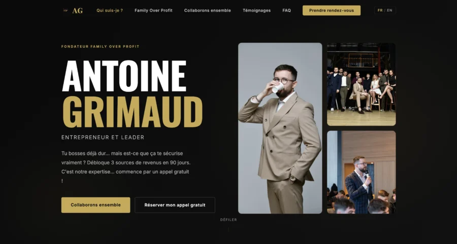 Capture d'une page web détaillant le profil d'Antoine Grimault, entrepreneur, illustre par des photos et des boutons d'action.