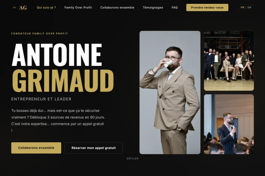 Capture d'une page web détaillant le profil d'Antoine Grimault, entrepreneur, illustre par des photos et des boutons d'action.