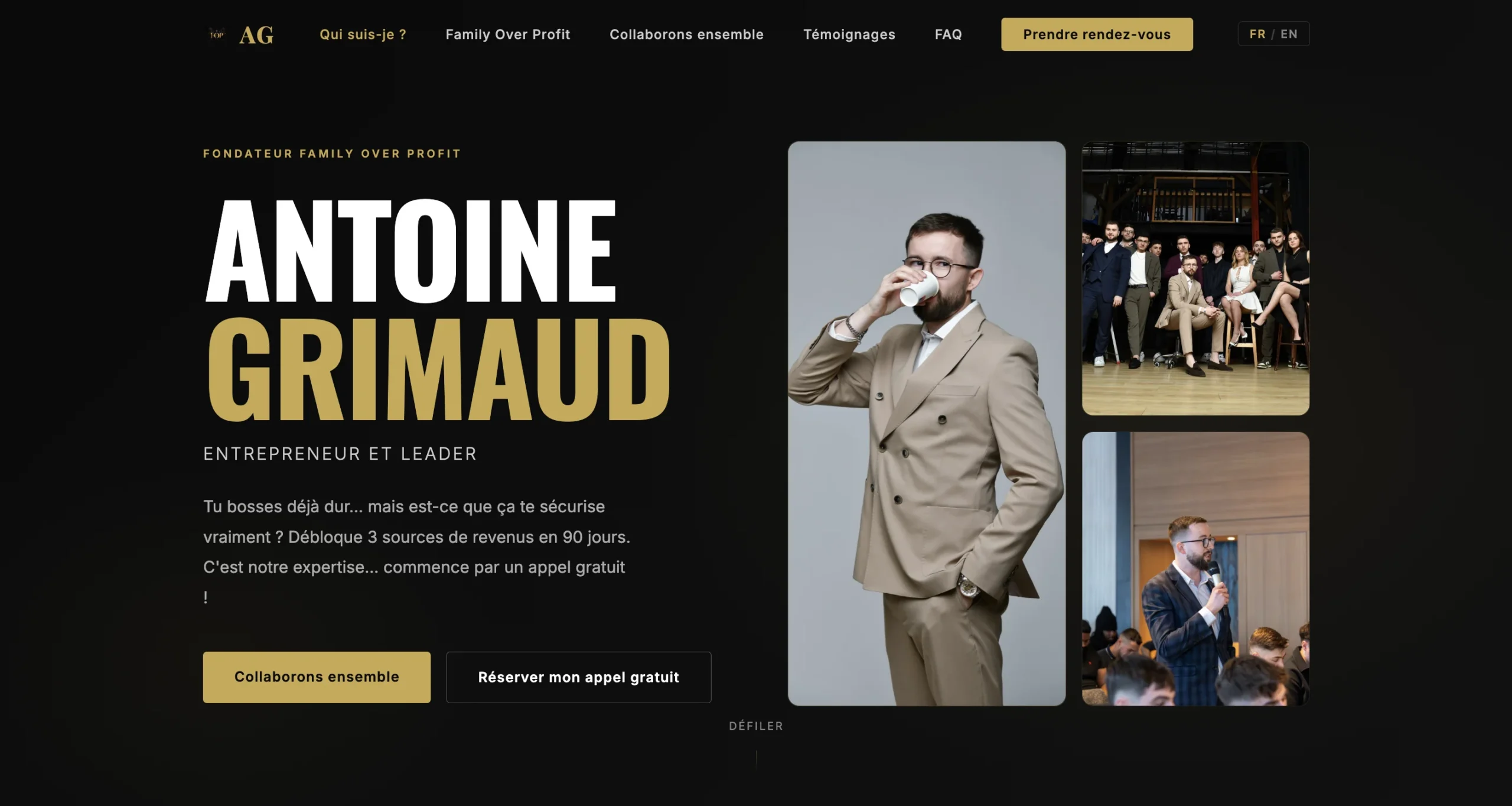 Capture d'une page web détaillant le profil d'Antoine Grimault, entrepreneur, illustre par des photos et des boutons d'action.