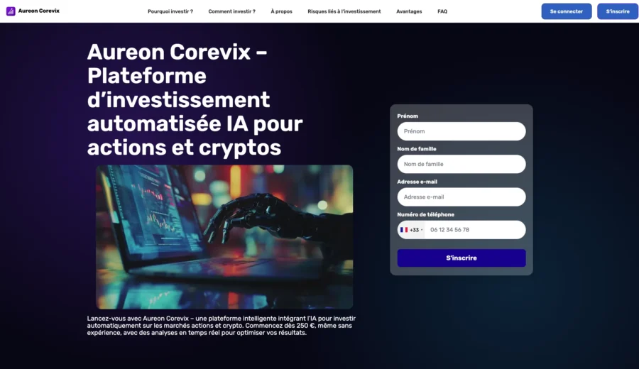 La page web d'Aureon Corevix présente un formulaire d'inscription et une image de robot.