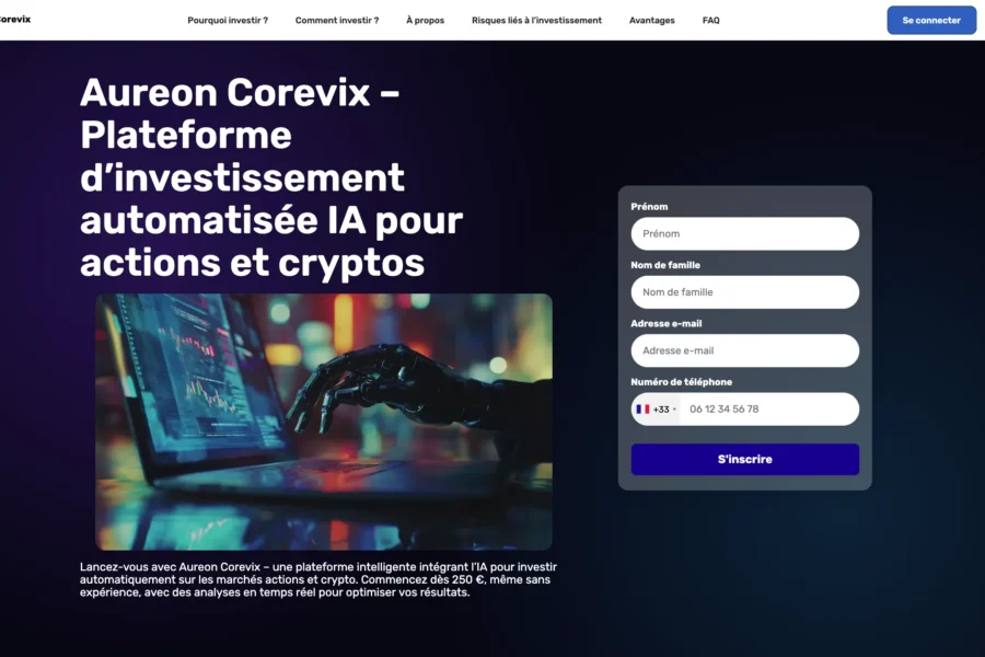 La page web d'Aureon Corevix présente un formulaire d'inscription et une image de robot.