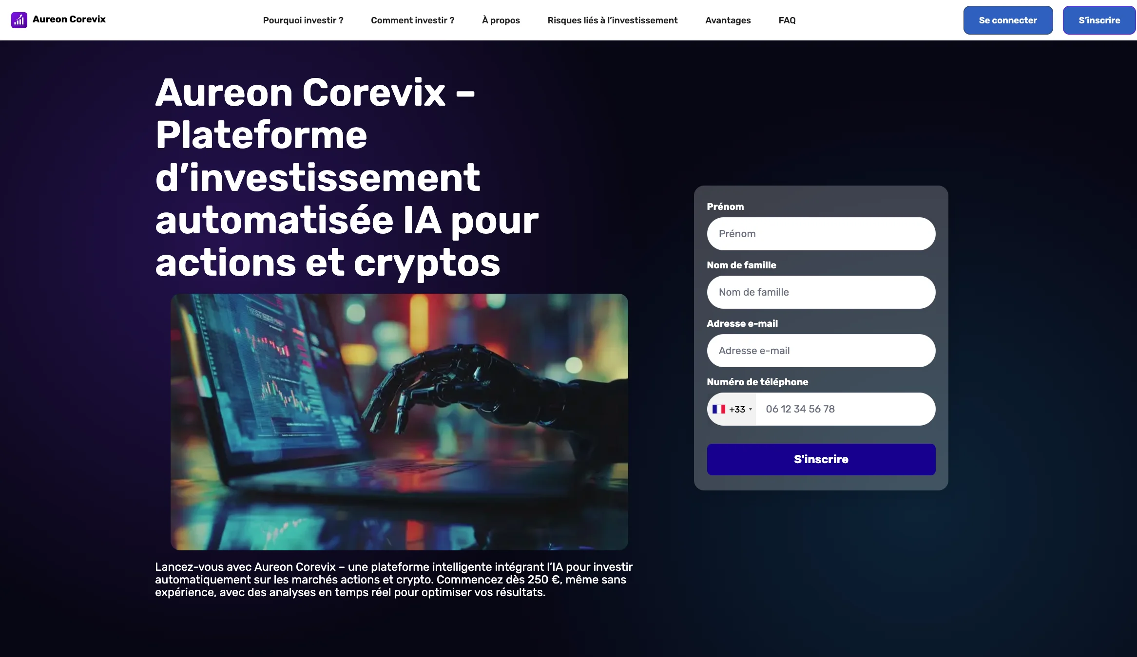 La page web d'Aureon Corevix présente un formulaire d'inscription et une image de robot.