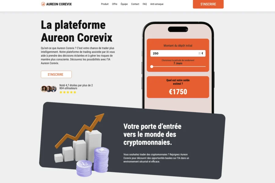 Capture d'écran du site Aureon Corevix promettant un gain de 1750 euros via l'investissement en cryptomonnaies.