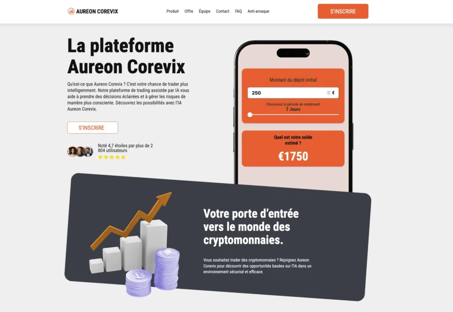 Capture d'écran du site Aureon Corevix promettant un gain de 1750 euros via l'investissement en cryptomonnaies.