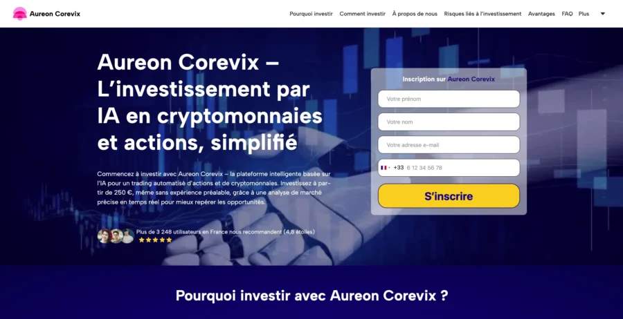 Capture d'écran d'une page d'inscription avec le titre Aureon Corevix et un formulaire de contact.