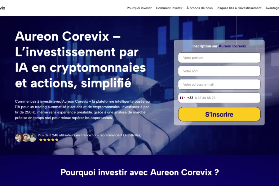 Capture d'écran d'une page d'inscription avec le titre Aureon Corevix et un formulaire de contact.