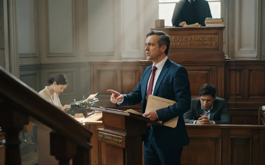 Un avocat en costume bleu prononce un plaidoyer à la barre avec des dossier à la main. L’environnement est une salle d’audience traditionnelle avec du mobilier en bois et d’autres personnes assises à l’arrière.