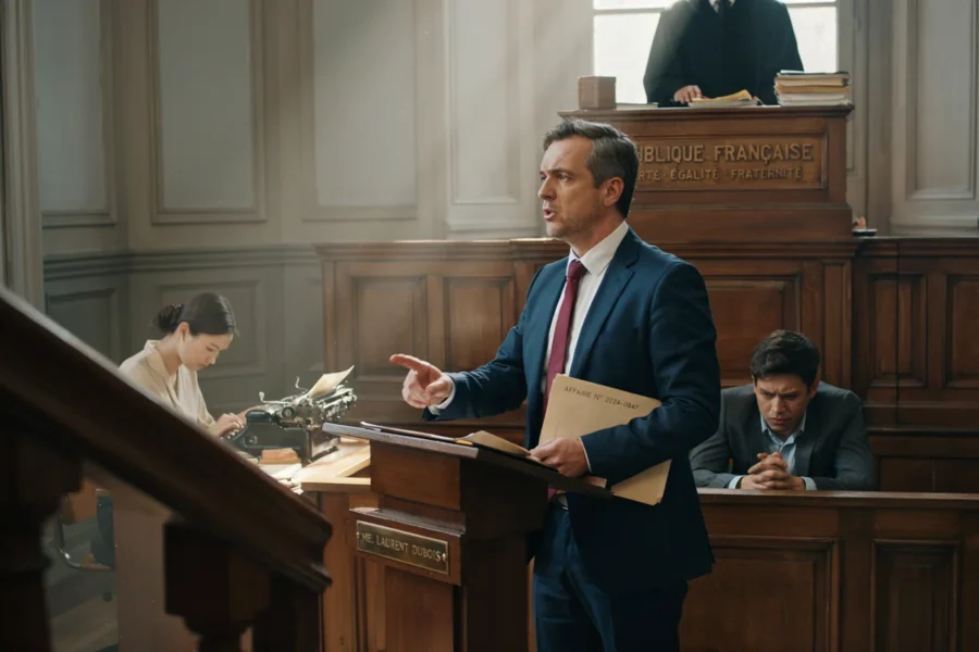 Un avocat en costume bleu prononce un plaidoyer à la barre avec des dossier à la main. L’environnement est une salle d’audience traditionnelle avec du mobilier en bois et d’autres personnes assises à l’arrière.