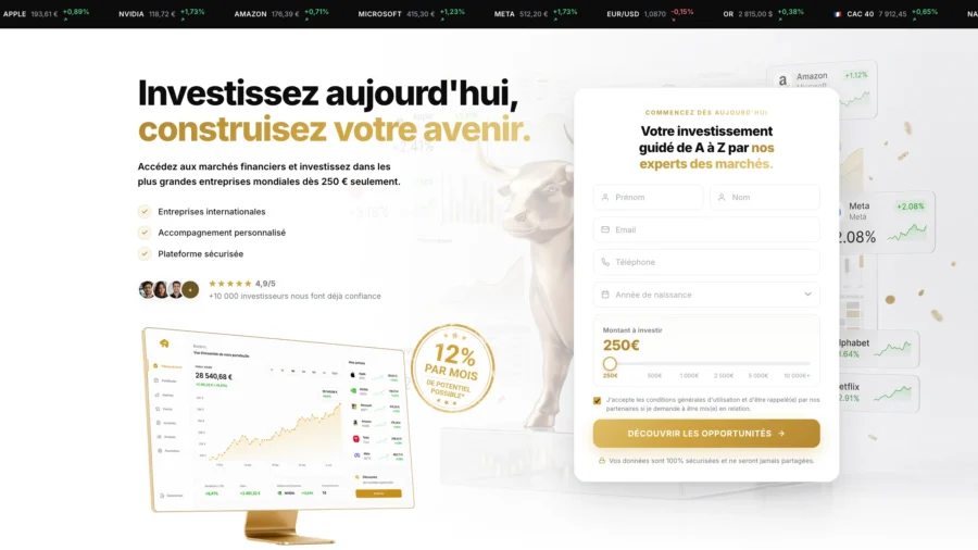 Interface web affichant le slogan Investissez aujourd'hui construisez votre avenir avec un formulaire d'inscription et des graphiques financiers.