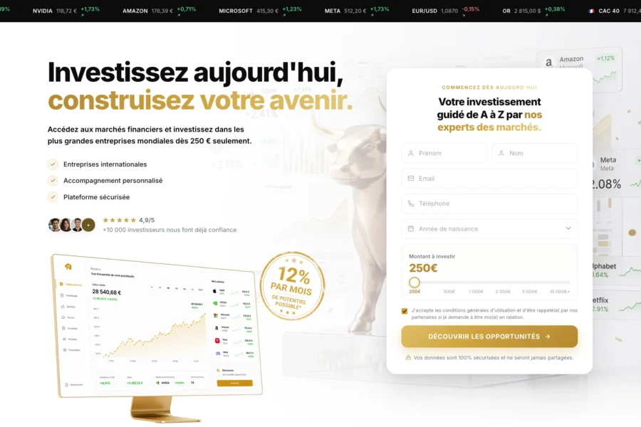 Interface web affichant le slogan Investissez aujourd'hui construisez votre avenir avec un formulaire d'inscription et des graphiques financiers.