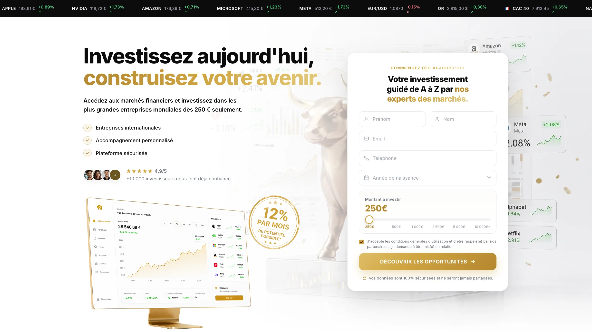 Interface web affichant le slogan Investissez aujourd'hui construisez votre avenir avec un formulaire d'inscription et des graphiques financiers.