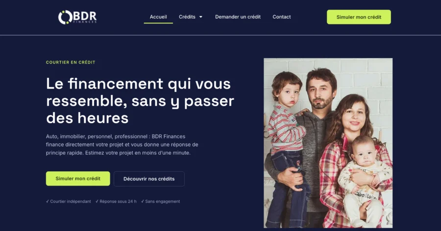 Page web de BDR Financeur présentant une photographie d'une famille avec un bouton d'action vert fluo.